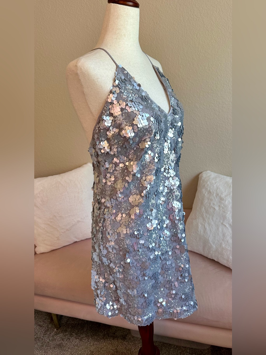 Nwt Lucy Paris Mini Dress Silver Sequins Women’s S Criss Cross Straps Party Glam